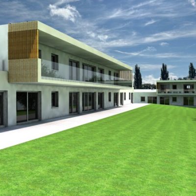 Südansicht Haus A und Westansicht Haus C.