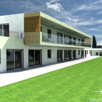 Südansicht Haus A und Westansicht Haus C.